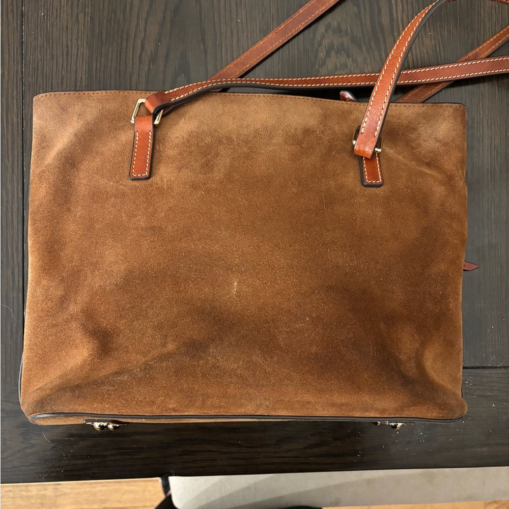 Dooney & Bourke Shopper Bag Caramel Suede Zip Top Tote | Feet | Medium - Picture 3 of 11